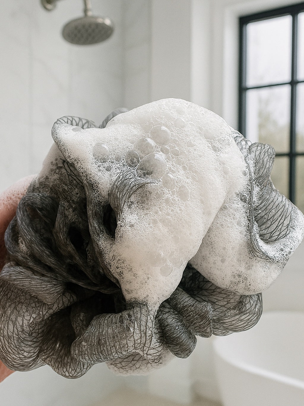 LatherDrop foam on loofah over white bathroom setting.