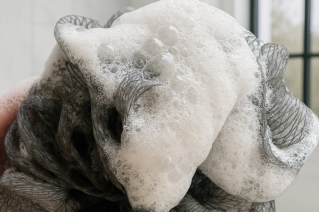 LatherDrop foam on loofah over white bathroom setting.