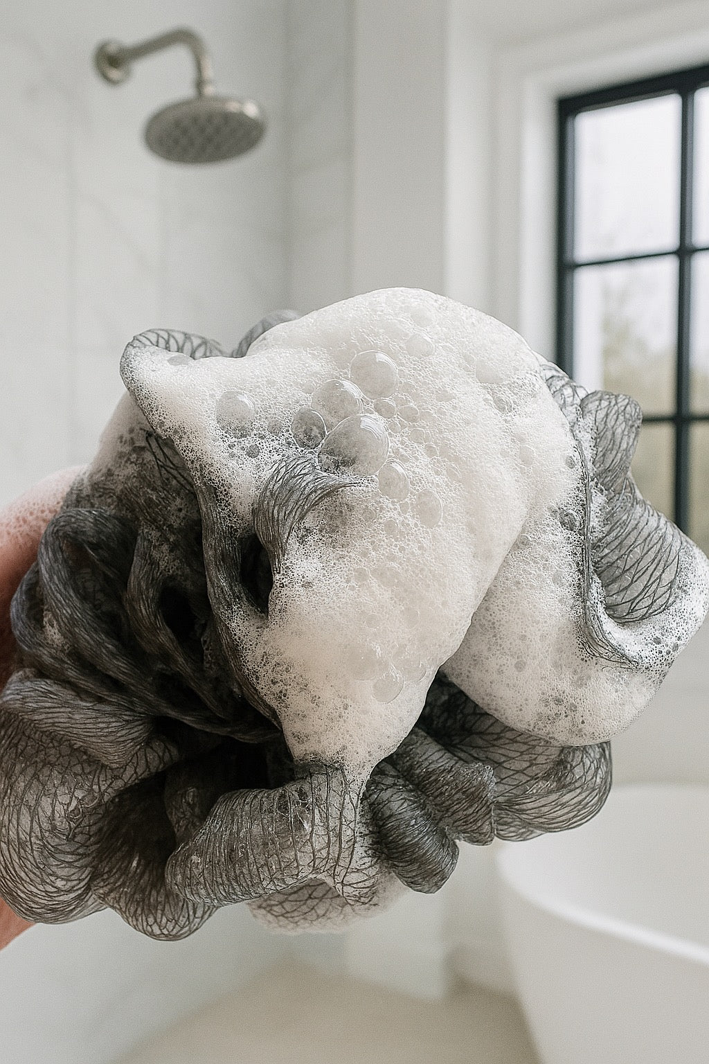 LatherDrop foam on loofah over white bathroom setting.